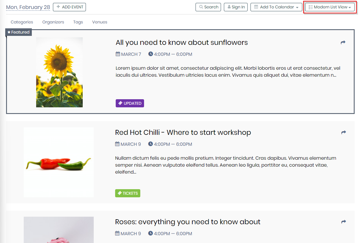print screen of the Modern List View on the Public View of the Timely Event Management Software