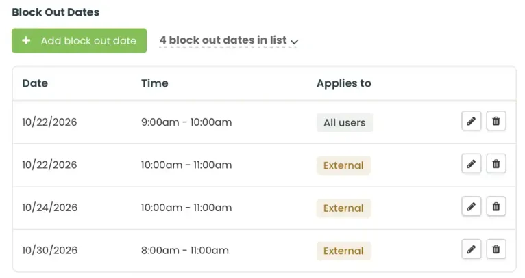 Improved View of Space Block Out Dates